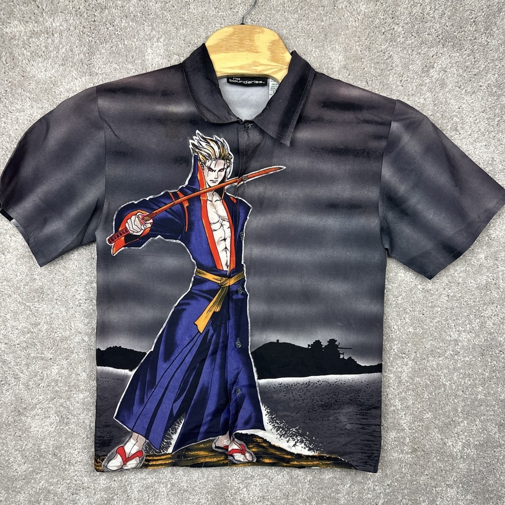 Vintage Y2K Anime Samurai Ninja All Over Print Button Up Shirt Kids 14/16 Skater